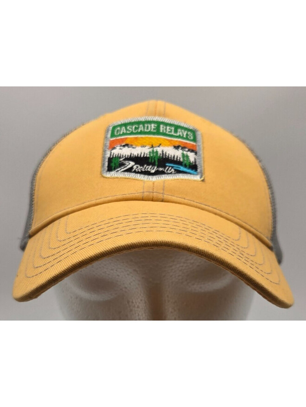 Cascade Relays Brewing Co Trucker Hat Snapback Yellow Gray Patch Cap